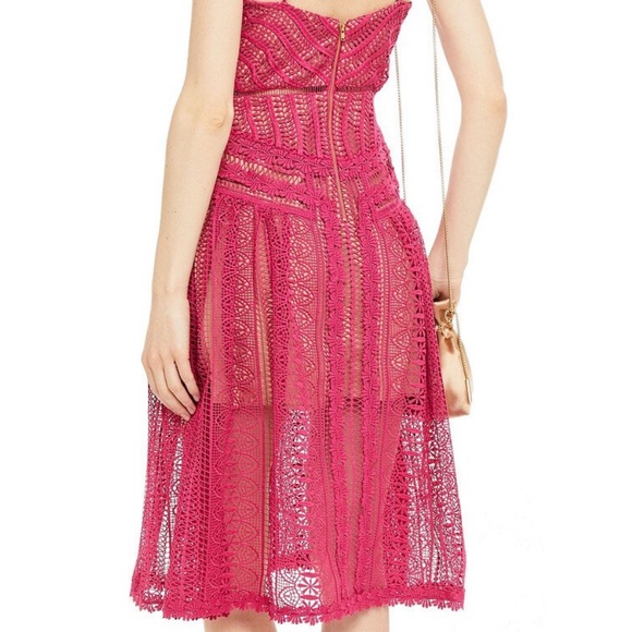 Self-Portrait Fuchsia Guipure Lace Spiral Midi Dress, Nude Lining, US4, UK8 EX++ - Picture 6 of 10